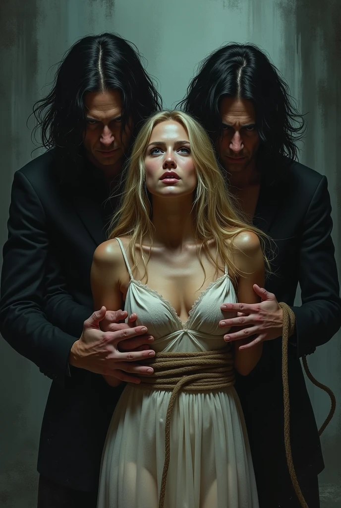 Two men with black hair who kidnapped a beautiful girl with long blond hair and tied her up. 