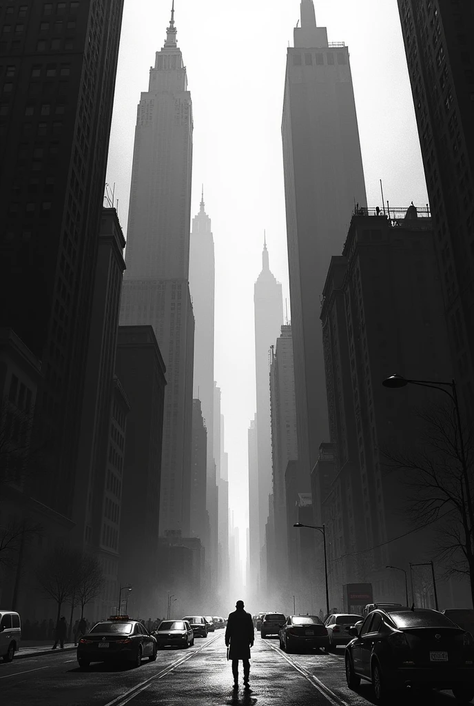 A city which have some big buildings and a road in middli of the buldings and cars on the road and whole image looks like gangstars city and image is black & white and the image is dont look like cartoon or anime it look like real world 