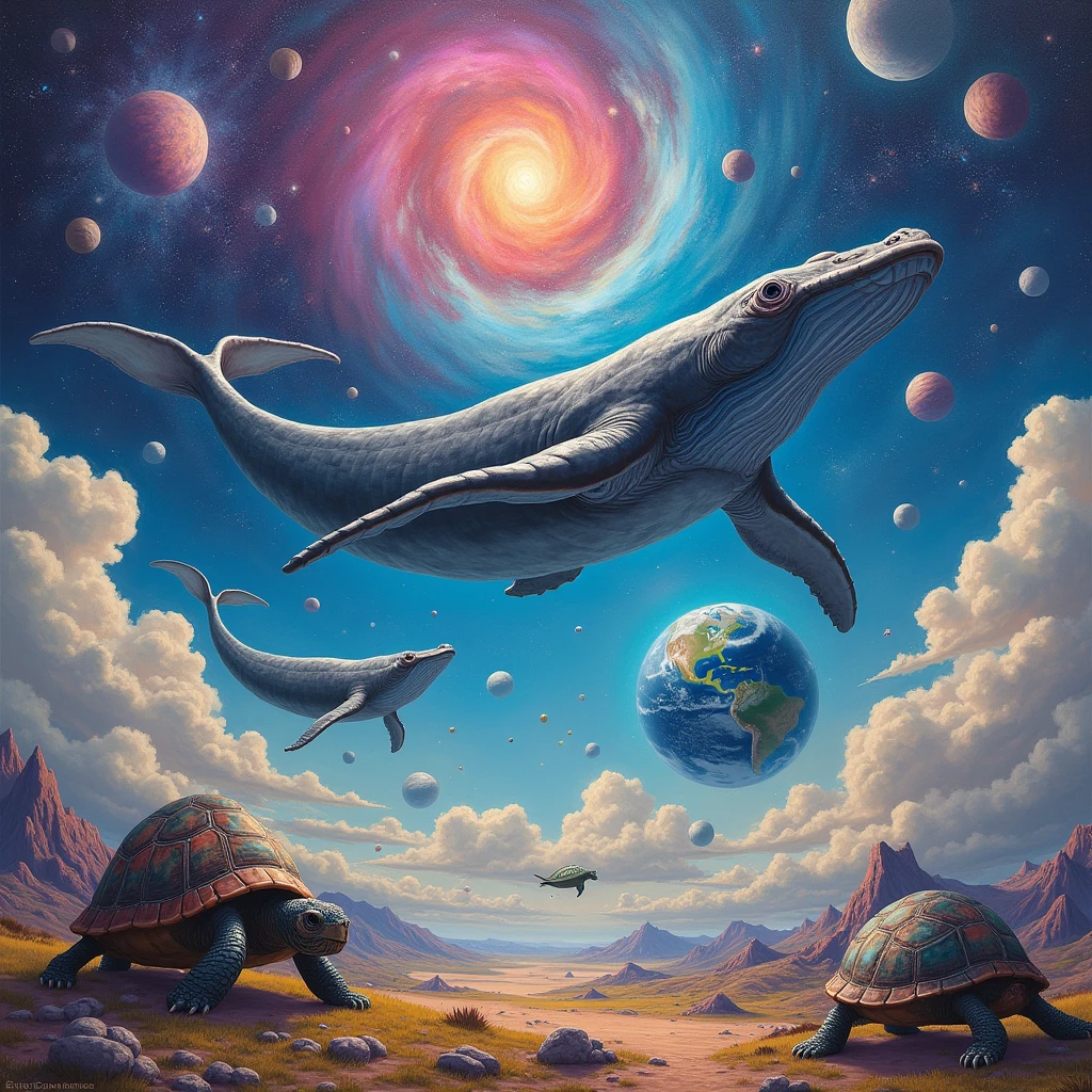 The painting is done in the style of Surrealism, Whales swimming in the sky Very Colorful Sky and color of Whales Unusual, Turtles Carry Earth Instead of Shells, Very Beautiful Colors, full detailed, galaxy, The scale is staggering., The Enormous Scale of What&#39;s Happening, masterpiece, 8 K, full detailed, Chaos is happening and asteroids are flying, An unforgettable spectacle Beautiful and Bright Shades, dynamic shadows,