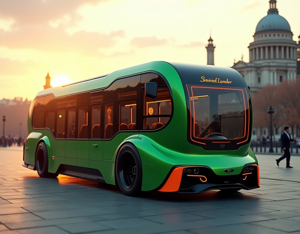 bus, cobalt green and black, rounded shapes, no rearview mirror, matte orange side skirts, stick rims, front wheels turn, style Maserati,ferrari, Lamborghini, in a London setting, soleil couchant, huge esplanade, tinted glass, sporty and racy 