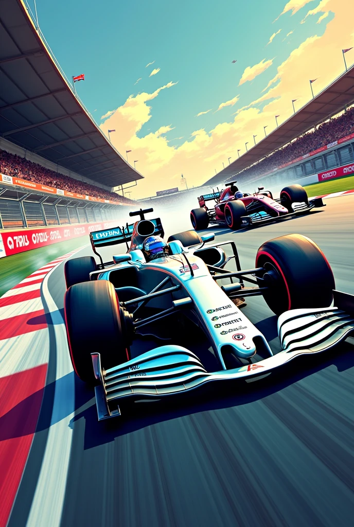 two car of mercedes f1 in a track. comic style painting art
 



