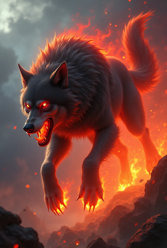 A dangerous wolf with fire and flying with red eyes 