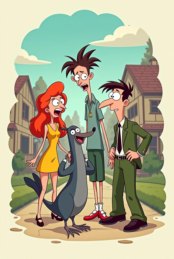create a drawing of cartoon characters from phineas and ferb, candace flynn, perry the platypus, dr. doofenshmirtz
