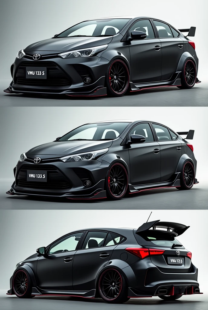 Create a widebody kit car out of black toyota vios gen 4 with license plate Vmu 133 5 showing front side, back side and side view in grid pictures