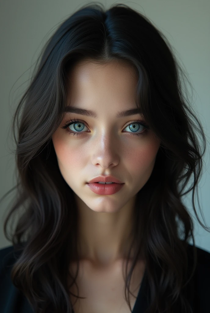 female, blue eyed black haired teen, oval face, straight chin, 3A hair