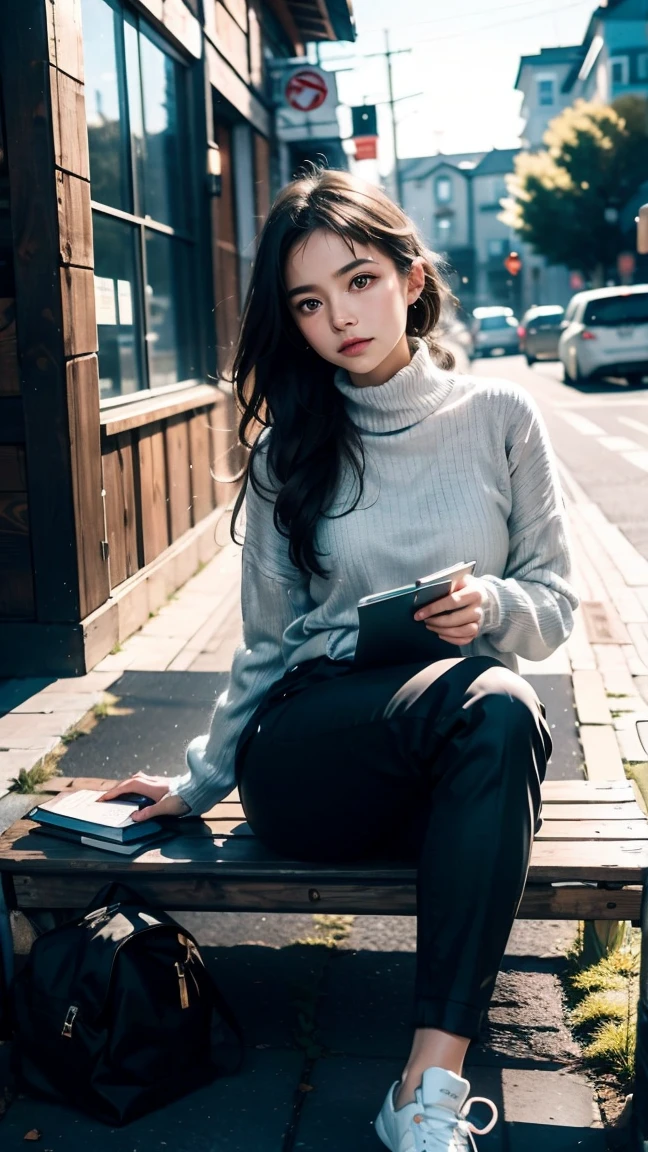 (masterpiece), (best quality),1 girl, Gray turtleneck sweater, Black pants, Simple white shoes, Sit on a bench on the side of the road, One leg lightly rests on the other leg, holding a book in hand, Clean and simple Nordic buildings and streets,The morning light shines gently,Simple but not easy, Reflecting the inner temperament,luminescent