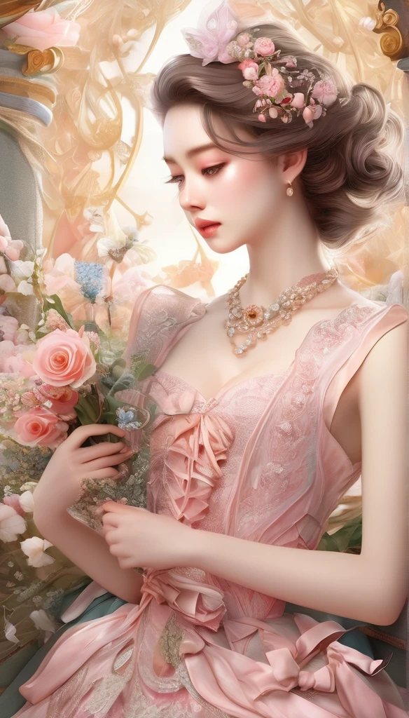 (((masterpiece))), (((Highest quality))), ((Very detailed)), (Highly detailed CG illustrations), ((very delicate and beautiful)), (Overhead Shot),(The highest masterpiece:1.4),delicate,8k,Full of ribbons,rococo, salmon pink , We have carefully selected beautiful pages with flower illustrations.。,((digital art、race、