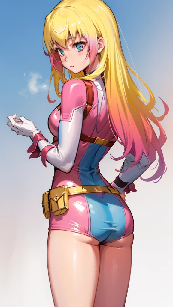 gwenpool, 1girl, blonde hair, multicolored hair, solo, blue eyes, long hair, gradient hair, gold belt, two-tone hair, vibrant pink hair, blush on cheeks, hands behind back