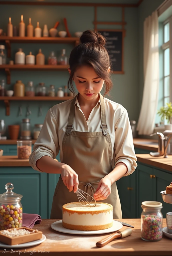 a picture of a bakery room and lounge filled with bakery tools, 20 year old teenager, view from her front who is making a cake, a large collection of bakery tools 