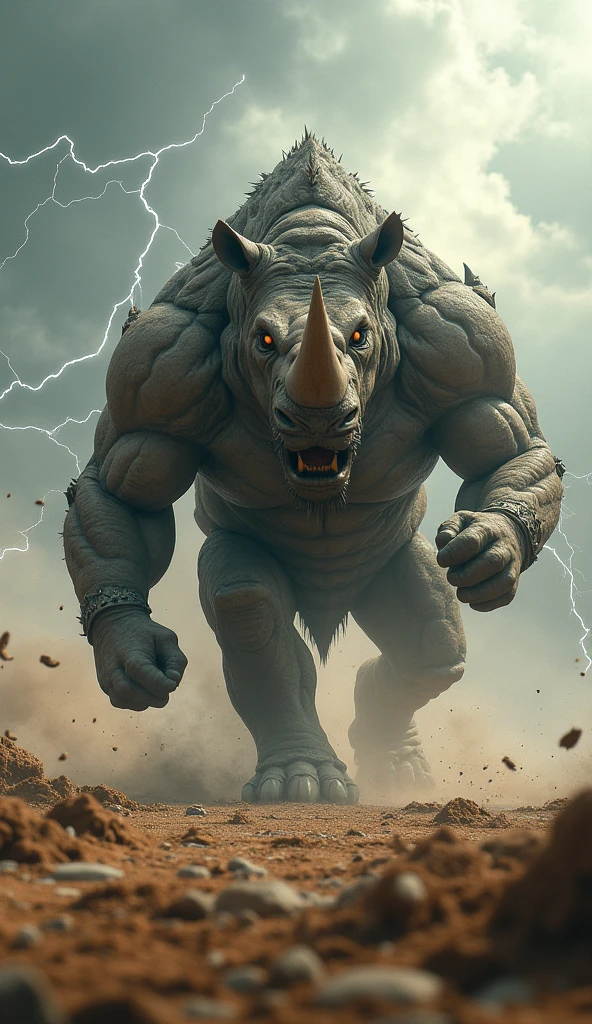 Angry Rhino + lion hybrid angry futuristic in abonded land dust thunder around