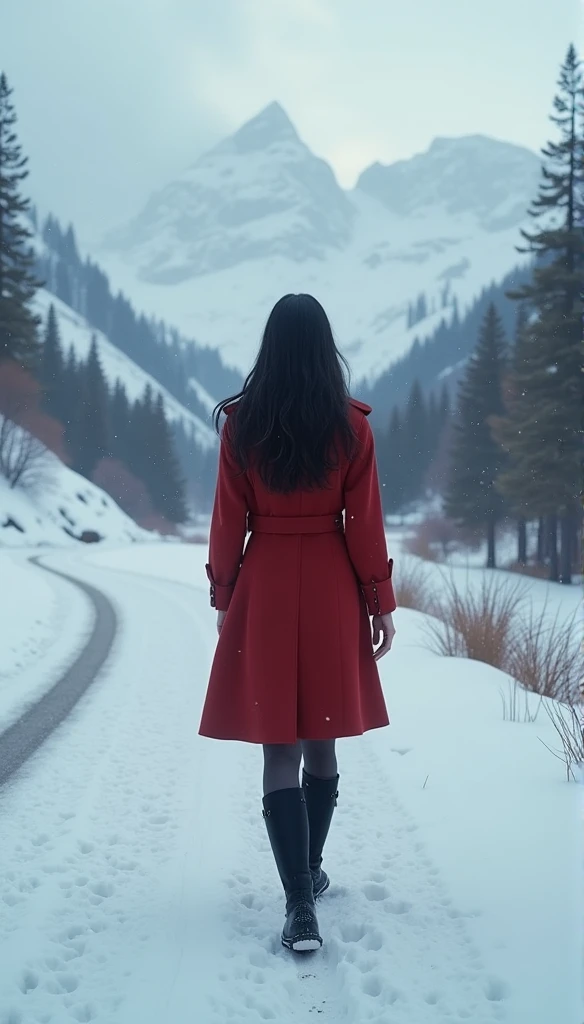 snow landscape,Back shadow,(The girl who left turned her back to the audience:1.1),The scene is,solo,(cabelos preto e longos),(without a hat),Wear a red cotton coat,Black boots,Go into the distance,Heavy snowfall,Roads to distant places,Trees wither in winter,blanketed in a mantle of snow,Winter tones,somber mood,The vista is a mountain,(Snowflakes drift in the endless sky),8k wallpaper,cinema4d,Cinematic lighting effects,light and shadow effect,Tyndall,rendering by octane,White balance,Unreal 5,Extremely detailed picture,light particules,depth of fields,tmasterpiece,realisticlying