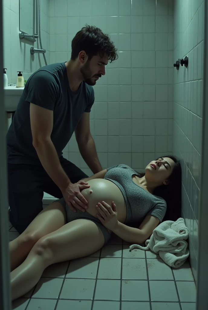 I want you to make a picture of a 4-month pregnant woman who is lying on the bathroom floor and is prostrated on the abdomen by her 3 husband.