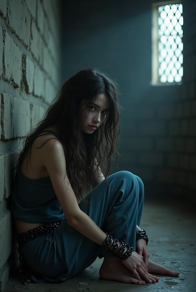 (((Highest quality))), (((Super detailed))), (((masterpiece))), figure,The girl sits in a dimly lit cell, (Bound with heavy black chains:1.5), Her long, tangled hair hangs around her thin face.. Her almond eyes are hollow and sad., Once vibrant and full of life. She is wearing ragged clothes, It used to be blue、Now it's faded and dirty. The pants are loose on her skinny body.. The cell is small and filthy., Stone wall and concrete floor, A small lattice window through which a faint light shines. The air is moldy and stale., But the girl sits there quietly and resignedly., she bowed her head, Hands on her knees, There was a look of defiance in her eyes.. That's horrifying、It's a disturbing sight., It is also a symbol of strength and resilience., A reminder of the perseverance of the human spirit