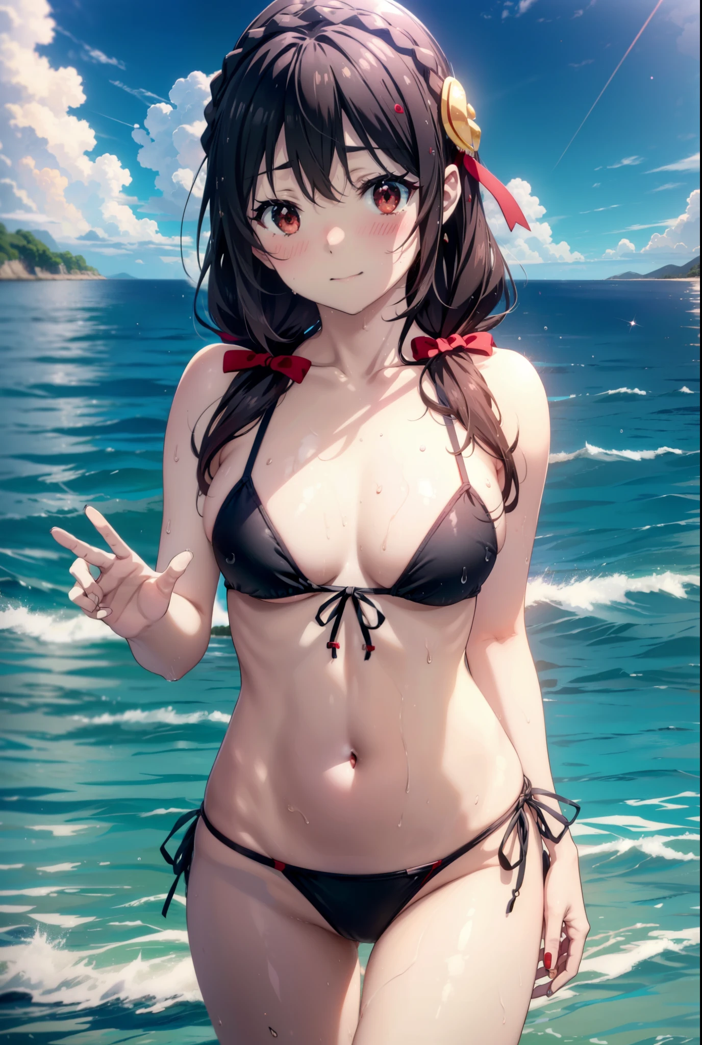 Yunyun, Long Hair, Black Hair, hair ornaments, (Red eyes:1.3), bow, ribbon, Twin tails, Braiding, hair bow, Black string bikini swimsuit,barefoot,Wet swimsuit,Wet Skin,Wet Hair,smile,blush,Open your mouth,Big Breasts,True Summer,Clear skies,Daytime,whole bodyがイラストに入るように,
break outdoors, Ocean,
break looking at viewer, whole body,(Cowboy Shot:1.5),
break (masterpiece:1.2), Highest quality, High resolution, unity 8k wallpaper, (figure:0.8), (Beautiful attention to detail:1.6), Highly detailed face, Perfect lighting, Highly detailed CG, (Perfect hands, Perfect Anatomy),