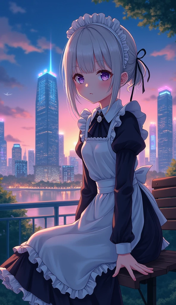 anime girl in a maid outfit sitting on a bench with a city in the background, best anime 4k konachan wallpaper, fine details. girls frontline, lolish, from girls frontline, from the azur lane videogame, nightcore, azur lane style, cute anime waifu in a nice dress, perfect white haired girl, seductive anime girl, smooth anime cg art