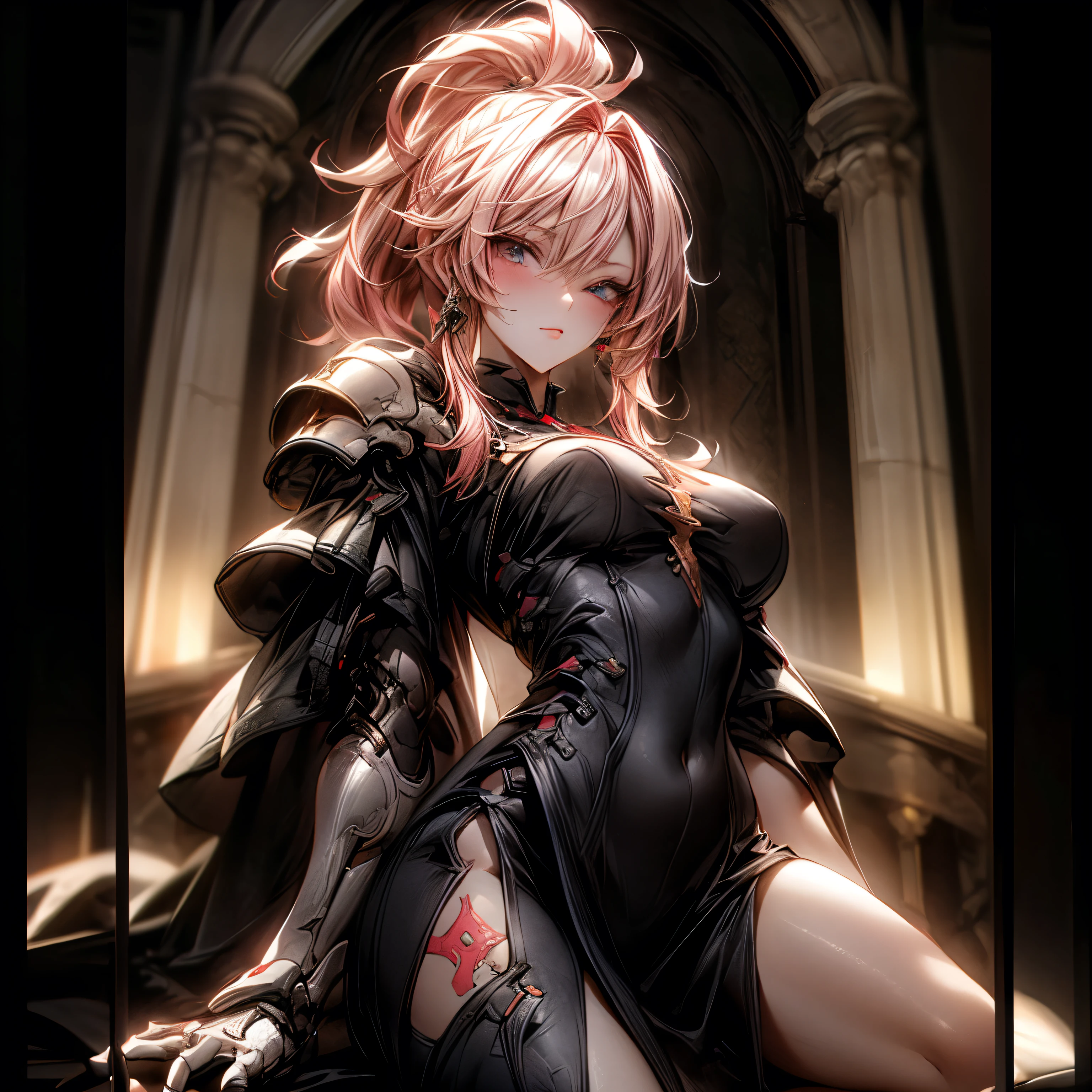 (best quality)), ((Masterpiece)), (details:1.4), 3d, HDR (high dynamic range), an image of a beautiful cyberpunk female, fantasy, Cyberpunk, Medieval, pink hair, Highi ponytail, Full body, Beautiful white eyes, จมูกโด่ง, ปากแดง, หน้าอกใหญ่, nvidia RTX, PBR surface, After processing, Anisotropic filtration,depth of field, Maximum clarity and clarity, multi-layered surface, Subsurface scattering, perfect proportions, 8K raw files, ultra detailed, Perfect proportions, volumetric lighting, soft lighting, Holy Paladin, Heavy red Armor, Black dress, glossy skin, intricate silver embroidery, Tower background, jewely, ต่างหู, นิ้วมือสมบูรณ์,