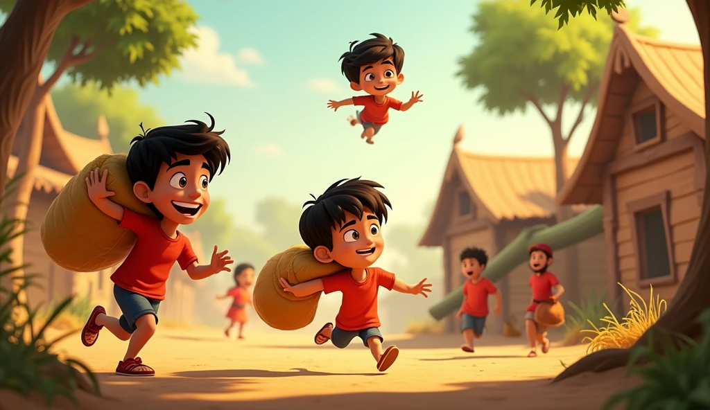 3D Animation Cartoon"Rohaan and his friends use their powers to help villagers in various ways. One child runs rapidly, carrying heavy sacks of grain from one end of the village to the other. Another lifts large fallen tree branches, while Rohaan flies overhead, observing and guiding his friends. Villagers, standing nearby, look on in amazement, their faces filled with gratitude. The scene is bustling with activity, as the children use their powers to fix broken homes, carry supplies, and clear debris. The lighting is bright and warm, conveying a sense of teamwork and community as everyone works together to restore the village"