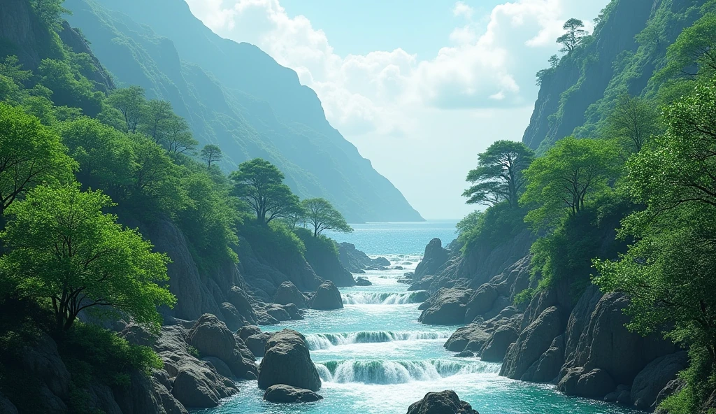 Panoramic side view，On the high mountain full of laurel trees, water flows to the left and flows into the sea（best quality，4K，8k，High level，masterpiece：1.2），Ultra Detailed，（lifelike，Photo real，Photo real：1.37）