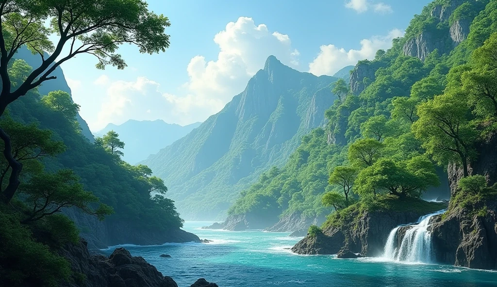 Panoramic side view,On the high mountain full of laurel trees, water flows to the left and flows into the sea(best quality,4K,8k,High level,masterpiece:1.2),Ultra Detailed,(lifelike,Photo real,Photo real:1.37)