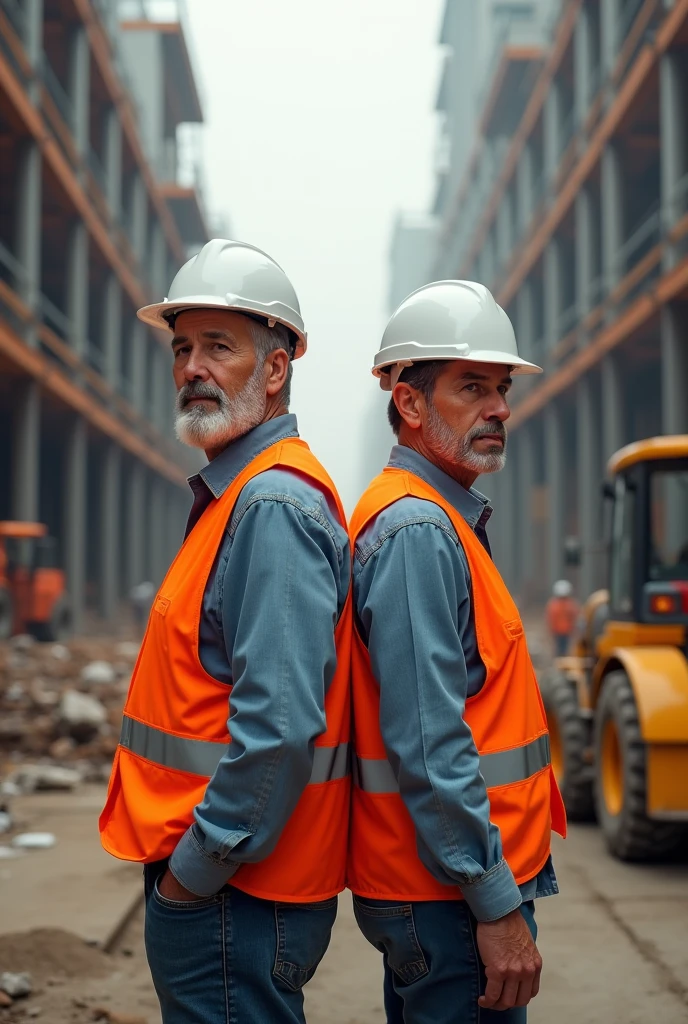 a 60-year-old looking construction engineer with white helmet and orange vest standing back to back with white helmet and looking at a construction site