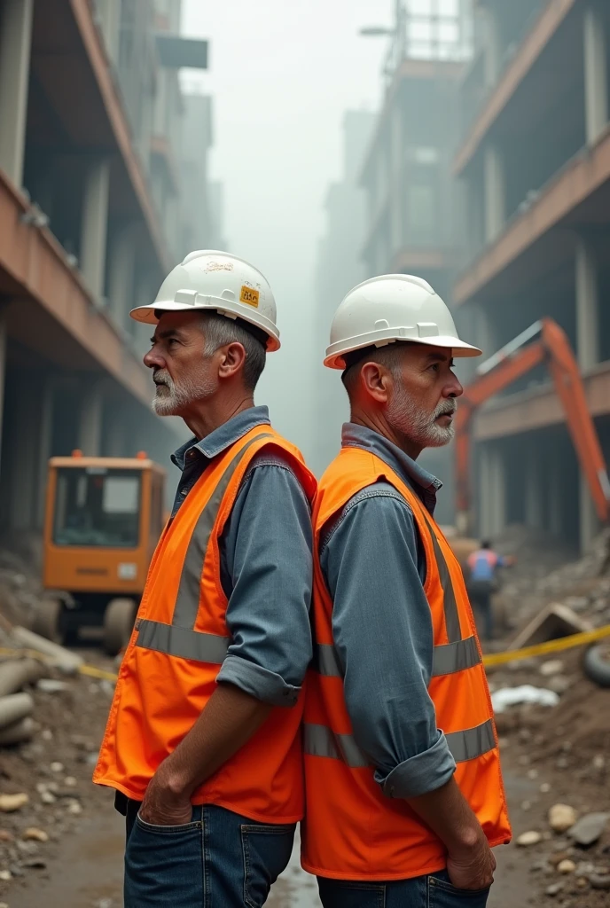 a 60-year-old looking construction engineer with white helmet and orange vest standing back to back with white helmet and looking at a construction site