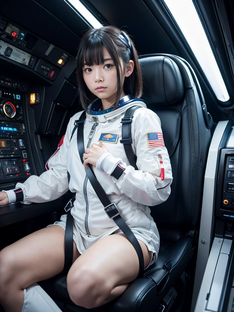 masterpiece, Highest quality, Very detailed, Japanese Android girl, Beautiful Japanese Women, Plump,Control panel,Android,cyborg,Blunt bangs,sitting in the cockpit of a spaceship,astronaut,He is attached to the back of a chair by a harness,Both hands are tied to the arms of a chair with elastic straps,Both feet are attached to the legs of a chair with elastic straps,