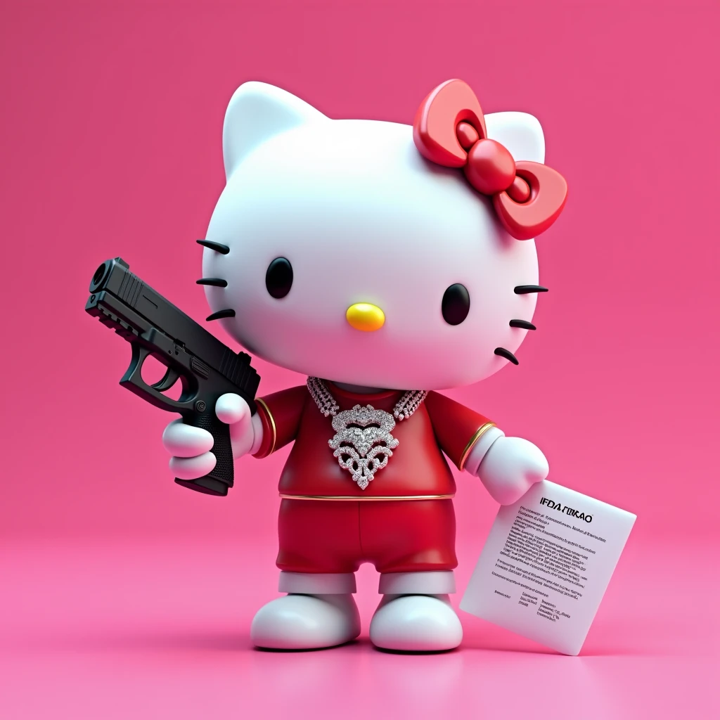 (Hello Kitty white) (3D format), that in one hand he holds a blue ID card showing (Peruvian identity document DNI) and in the other hand hold a black Glock raising your arm, that on the neck she has some diamond Cubans. (Pink background)