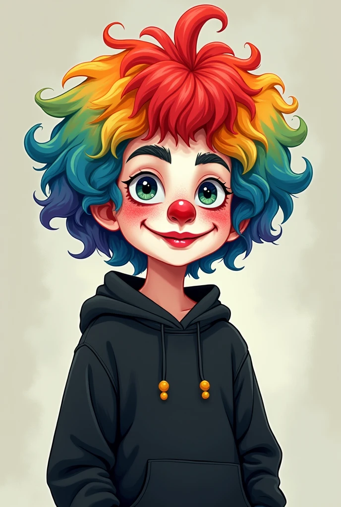Cartoon of a 20 year old boy, With black sweatshirt, with clown makeup and fluffy colored clown wig 