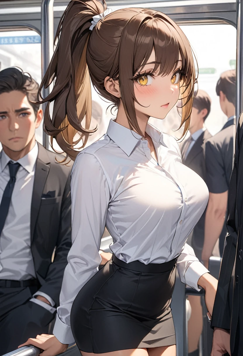 ((best quality)), ((Masterpiece)), (details), Young woman, (Medium bust, brown hair, yellow eyes, ((Ponytail)) , Hip fart, handsome face, (Tanned skin:1.3), Long eyelashes,Thick eyelashes) , Office uniform, (white shirt, Black suit, Pencil skirt) , on the train , People