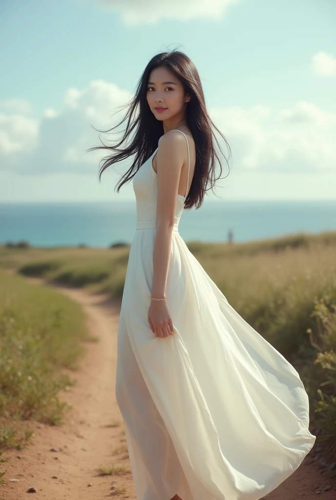 elegant detailed portrait of a young asian woman in her 20s, full body shot, beautiful detailed eyes, long dark hair, long eyelashes, wearing a long white dress and high heels, walking on a dirt path in a field, ocean and clouds in the distance, wind blowing, end of summer, gentle smile, (best quality, 4k, 8k, highres, masterpiece:1.2), ultra-detailed, (realistic, photorealistic, photo-realistic:1.37), cinematic lighting, looking at viewer, limited color palette, clearly defined lines