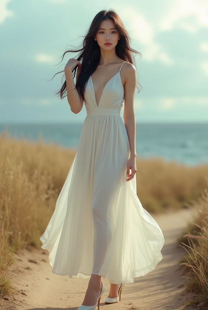 elegant detailed portrait of a young asian woman in her 20s, full body shot, beautiful detailed eyes, long dark hair, long eyelashes, wearing a long white dress and high heels, walking on a dirt path in a field, ocean and clouds in the distance, wind blowing, end of summer, gentle smile, (best quality, 4k, 8k, highres, masterpiece:1.2), ultra-detailed, (realistic, photorealistic, photo-realistic:1.37), cinematic lighting, looking at viewer, limited color palette, clearly defined lines