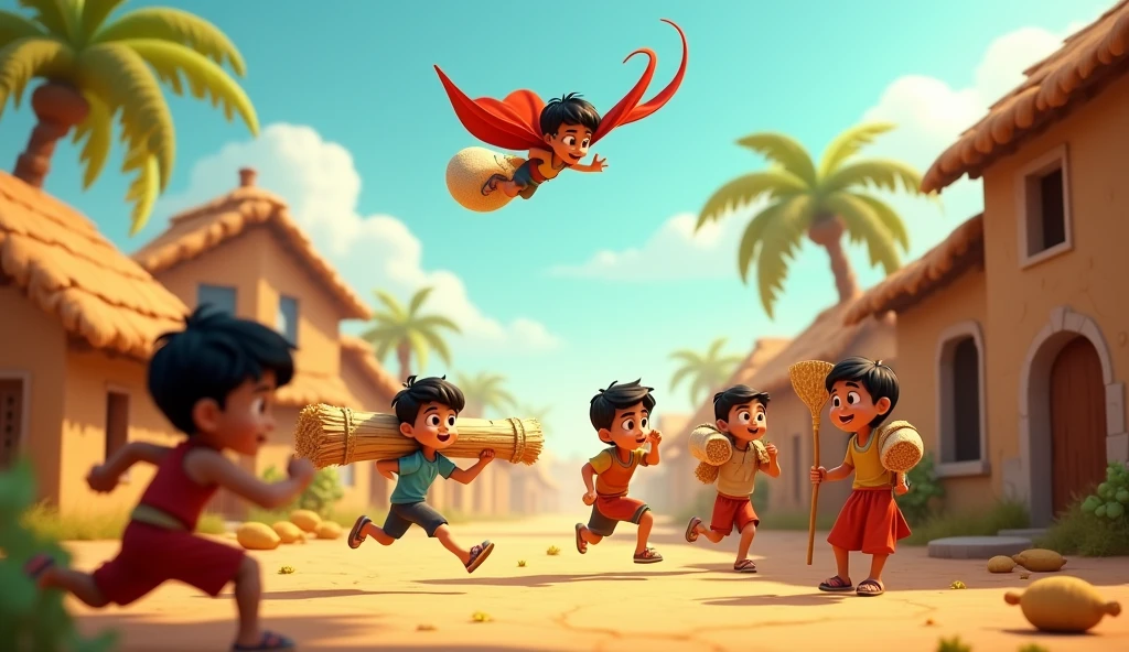 3D Animation Cartoon"Rohaan and his friends use their powers to help villagers in various ways. One child runs rapidly, carrying heavy sacks of grain from one end of the village to the other. Another lifts large fallen tree branches, while Rohaan flies overhead, observing and guiding his friends. Villagers, standing nearby, look on in amazement, their faces filled with gratitude. The scene is bustling with activity, as the children use their powers to fix broken homes, carry supplies, and clear debris. The lighting is bright and warm, conveying a sense of teamwork and community as everyone works together to restore the village"