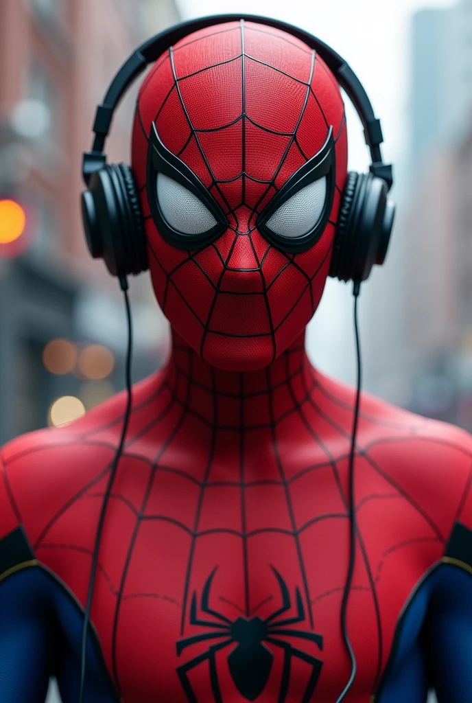 Generate a spider man wearing headphones