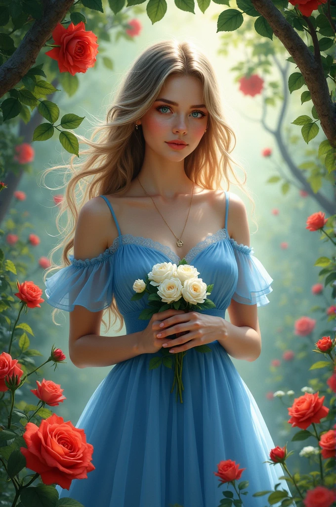 Blue eyes blue dress back flying hair on hair some white roses in hand some rome red roses under a tree around some flowers 