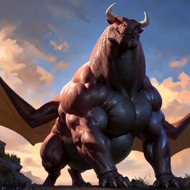 Detailed painting, by Taran Fiddler, closeup, outlook view, wide angle, dragoness, full body, feral, dainty, friendly, colorful, rounded snout, wings, pregnant-like belly, round belly, dominant belly, huge belly, bloated belly, big muscles, wide body, thick body muscles, powerfull muscles, beefy muscles, thick neck, beefy neck, tall, voracious, glutonous, enormous, giant, gigantic, colosssal size, gargantuan, kaiju, powerfull look, badass look, looking at viewer