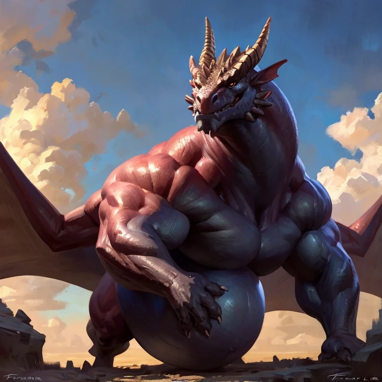 Detailed painting, by Taran Fiddler, closeup, outlook view, wide angle, dragoness, full body, feral, dainty, friendly, colorful, rounded snout, wings, pregnant-like belly, round belly, dominant belly, huge belly, bloated belly, big muscles, wide body, thick body muscles, powerfull muscles, beefy muscles, thick neck, beefy neck, tall, voracious, glutonous, enormous, giant, gigantic, colosssal size, gargantuan, kaiju, powerfull look, badass look, looking at viewer