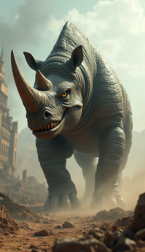 Angry Rhino + trex hybrid angry futuristic in abonded land dust thunder around