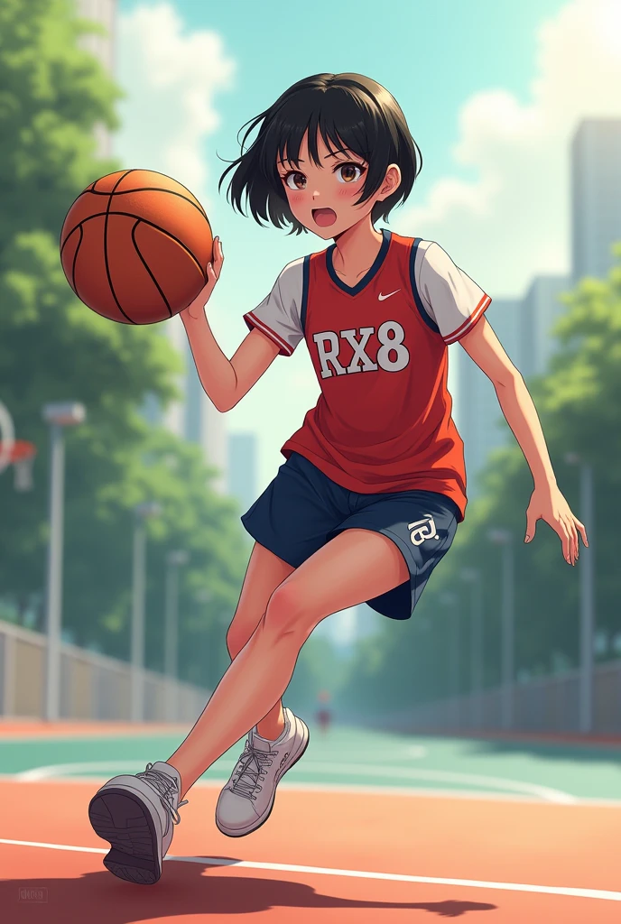 basketball beautiful girl manga short hair have text Rx8 in shirt