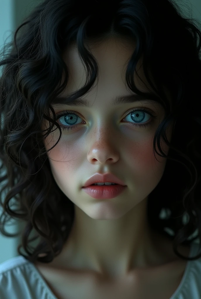 female, blue eyed black haired , oval face, 3A hair, age14