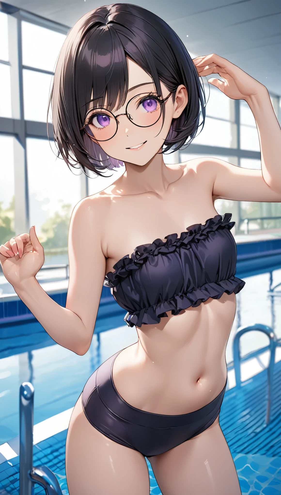 Highest quality、Best image quality、masterpiece、独奏, a girl、Beautiful Eyes、black hair, purple eyes、Short bob cut、(sideburns), middle part, (flat chest)、slender、Tight waist、Round Glasses、Beautiful Face、Natural smile、red cheek、frilled bandeau, Off the shoulder、belly button、At the school pool、sexy pose, bewitching pose, Model Pose, dynamic angle
