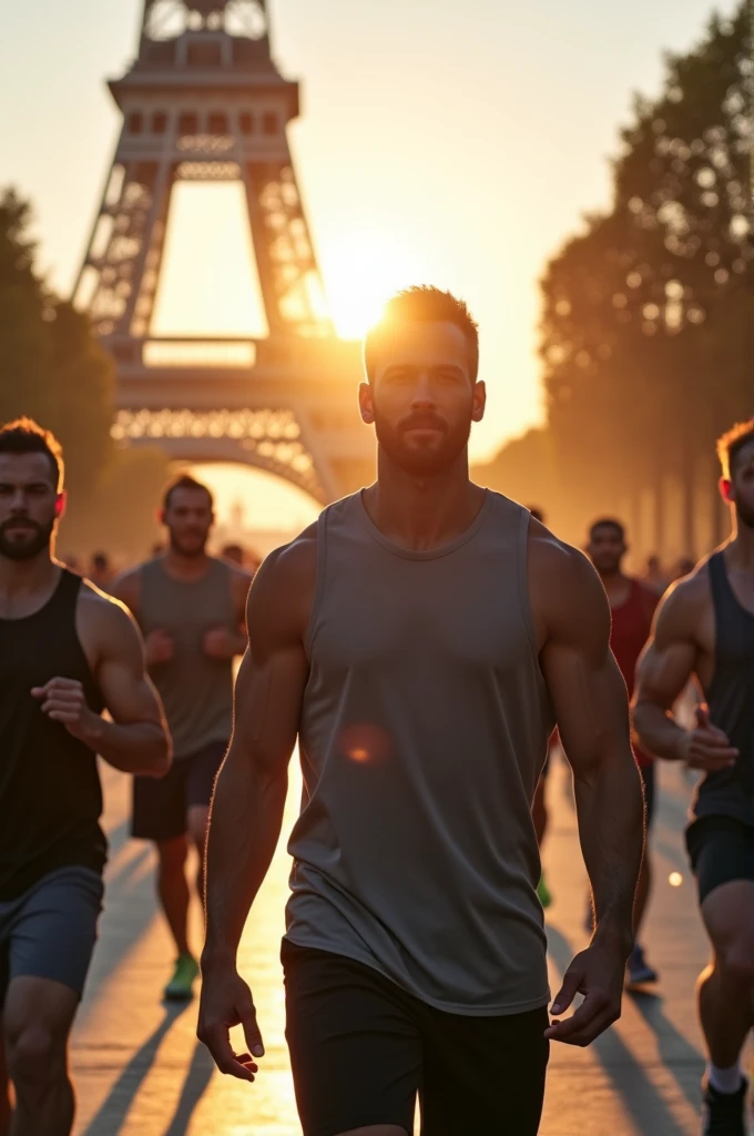 Peux-tu me réaliser une photo d’un cours collectifs de CrossFit à Paris, avec un joli soleil avec un Coach de dos masculin avec un fond la Tour Eiffel