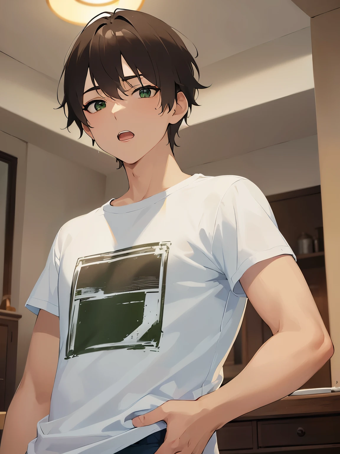 upper body、masterpiece、Highest quality、(2 male:1.5) and (Brown short hair) and (Green Eyes), (White T-shirt)、confused、open mouth, The background is the living room、alone、Are standing