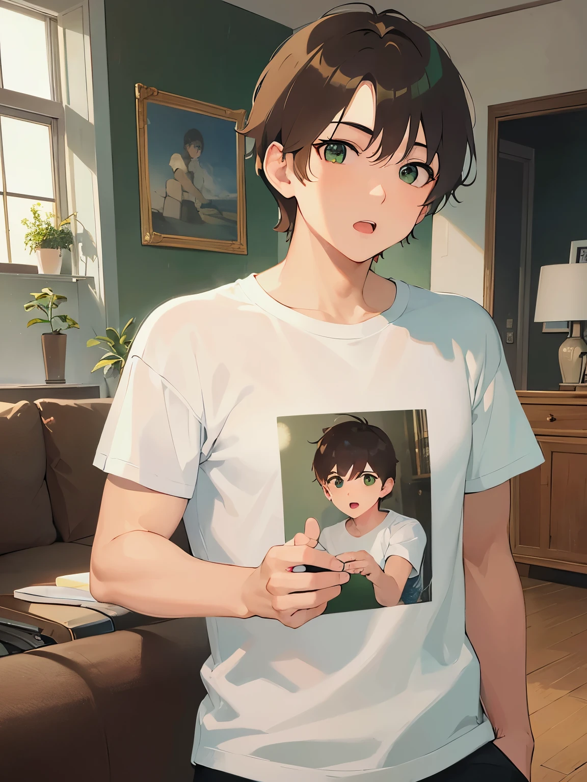 upper body、masterpiece、Highest quality、(2 male:1.5) and (Brown short hair) and (Green Eyes), (White T-shirt)、confused、open mouth, The background is the living room、alone、Are standing