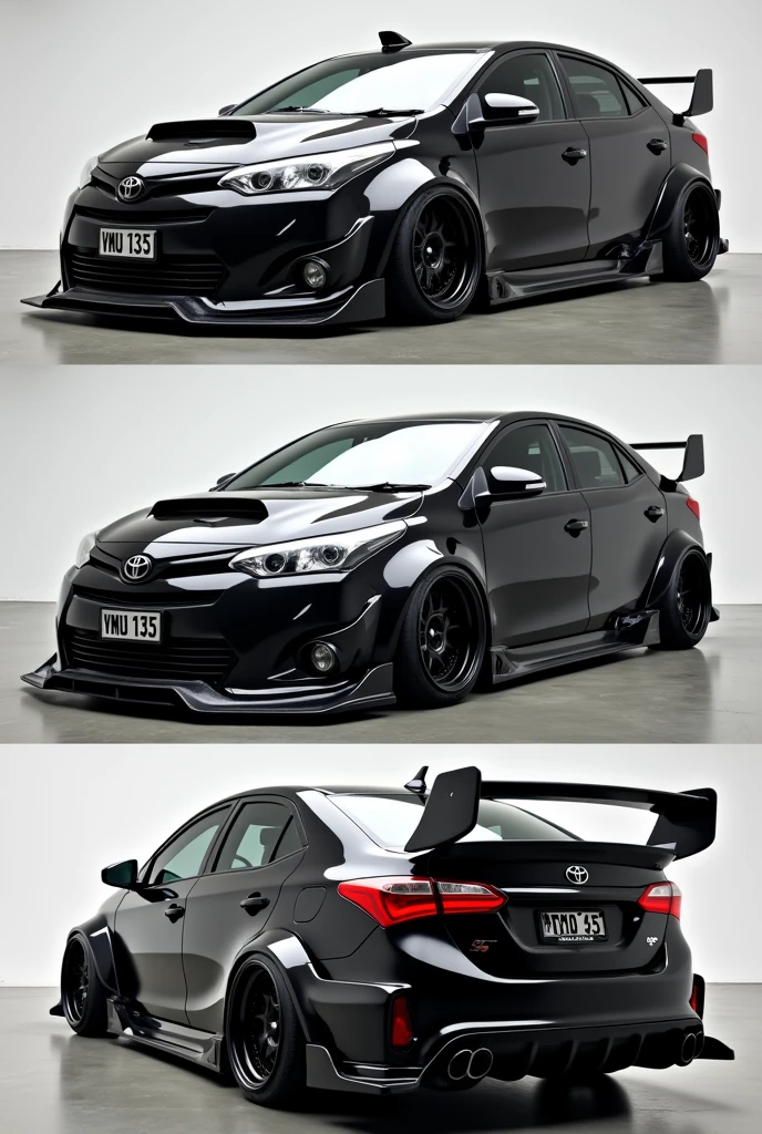 Create a widebody kit car out of black toyota vios 4th gen with license plate Vmu 133 5 showing front side, back side and side view in grid pictures