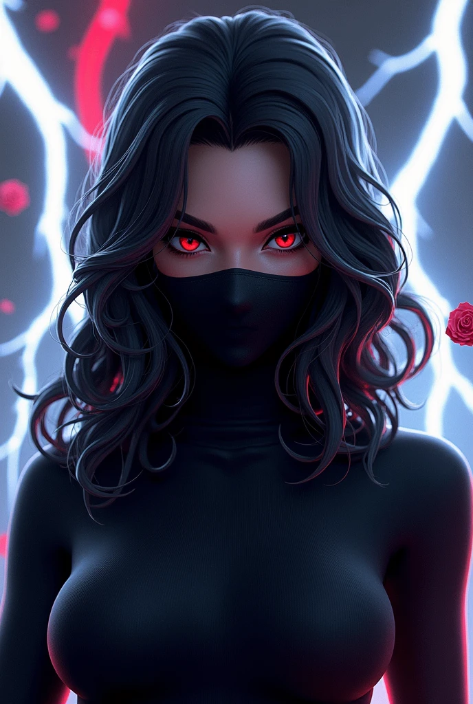 Free fire game style female character, featuring. long curly hair. With a black mask and a black turtleneck . So"Written" . With background and white lightning rose game version 
 

 
