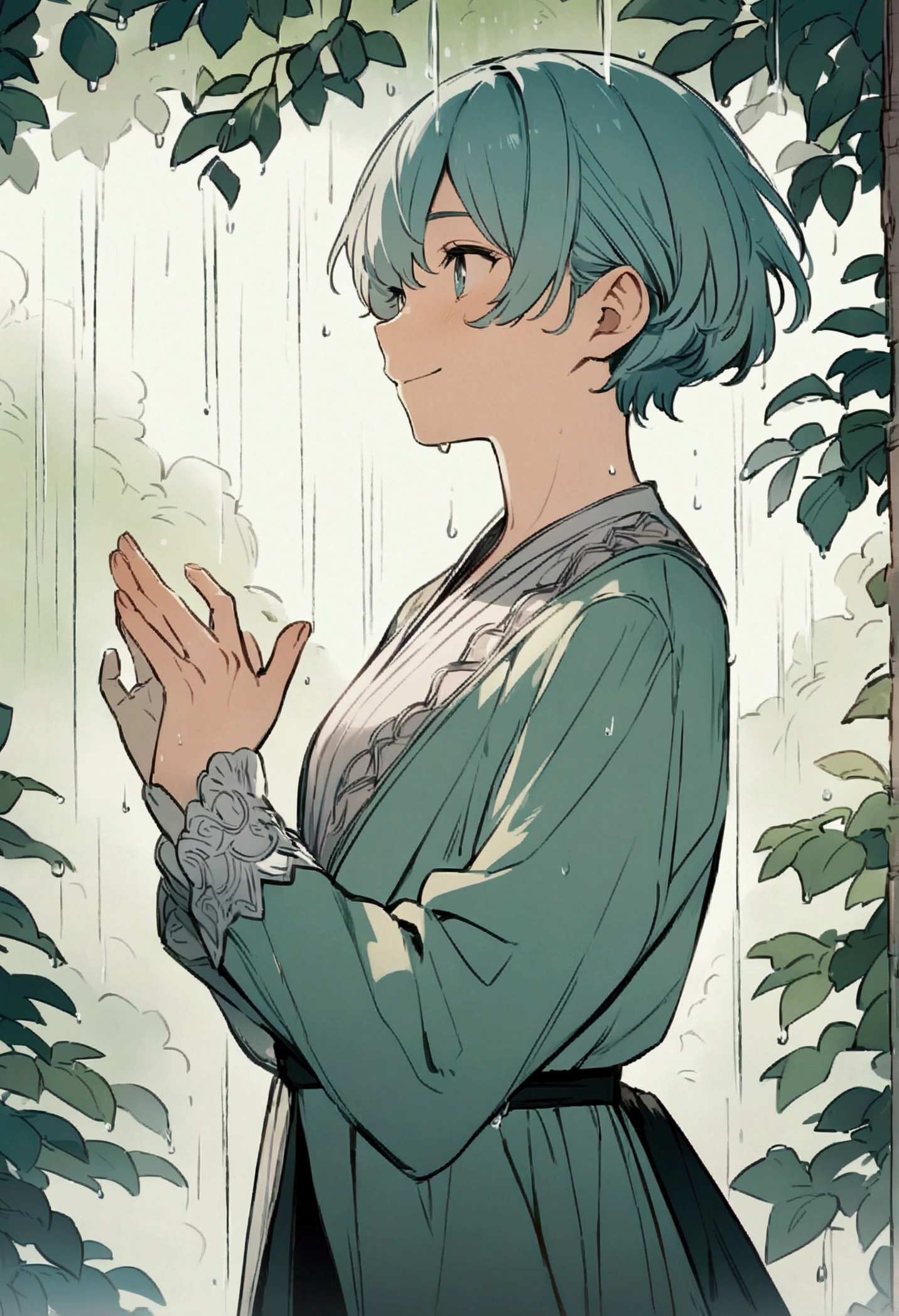 rain,male,short hair,masterpiece,Highest quality,An illustration,animation,white,smile,grey