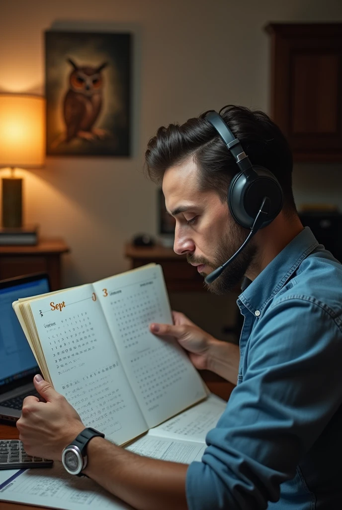 A man flips through a calendar. On the calendar sheet the date is September 3. Home environment. There is a laptop and headset on the table. In the background on the wall is a painting of an owl. Profile photo.
