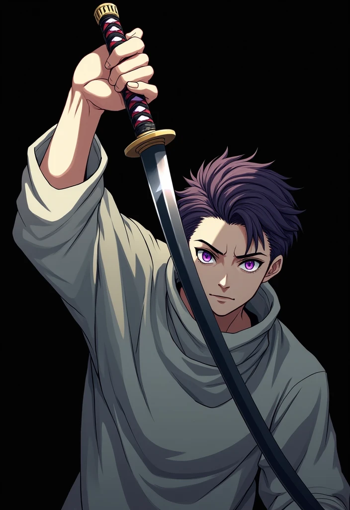 anime style, 16K, a high resolution, Best quality, high quality, super detailing, high detail, accurate, masterpiece, uhd, 1male, teenager boy, violet pupils, wide white turtleneck, violet hair, short hair, slicked back hair, menacing calm look, black and violet katana on back, hold katana, look at the viewer, pouches under the eyes, 