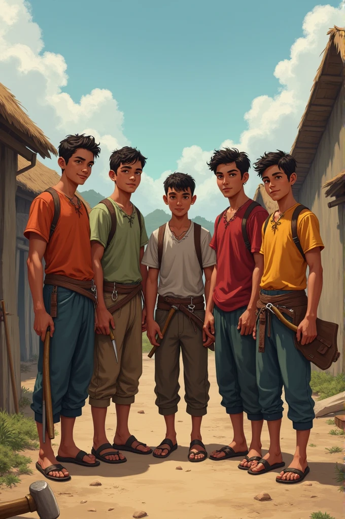 Young Villagers Stepping Up: A group of young, determined villagers standing together with tools, ready to begin repairs, inspired by Rohan’s teachings.