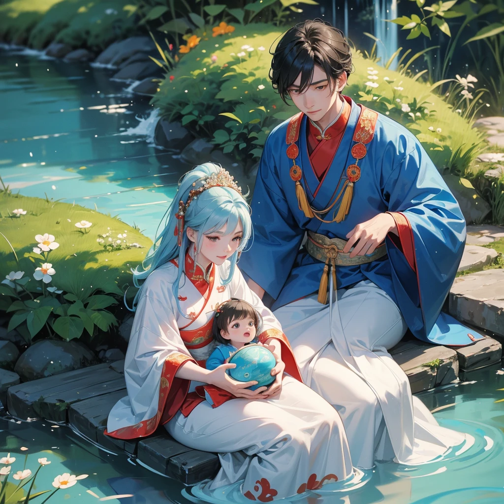 A one-year-old baby boy in an ancient Chinese baby costume with his beautiful mother, dressed in an white ancient Chinese costume, playing with each other, with his handsome father standing next to his mother, close up.
Sitting fishing next to a green stream, a blue river full of fish. flowing slowly